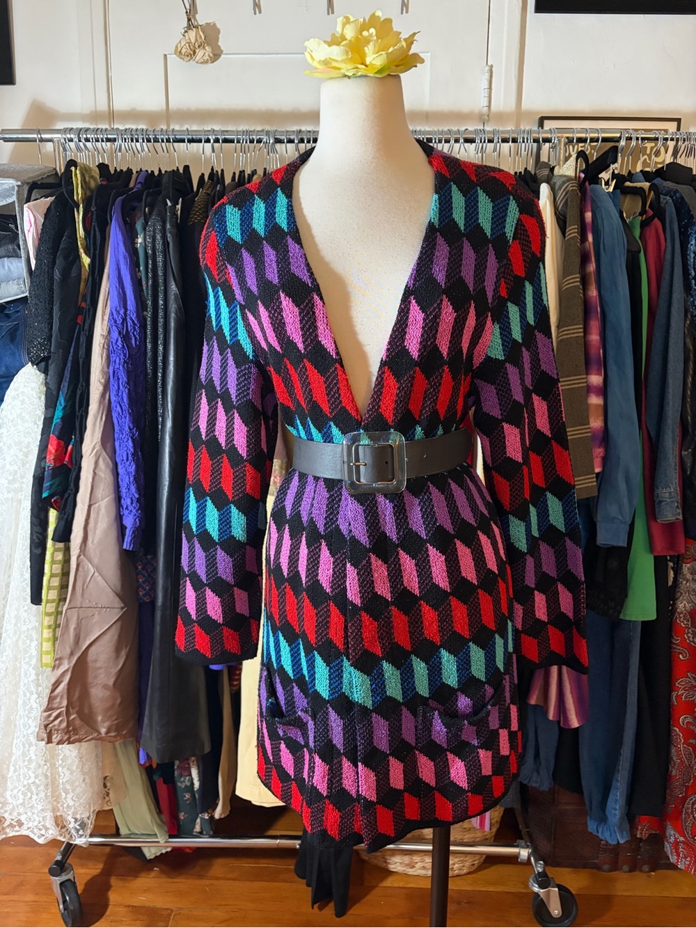 VTG French Rags Brenda French Geometric Knit Long Cardigan Duster/ Belt Sold Sep